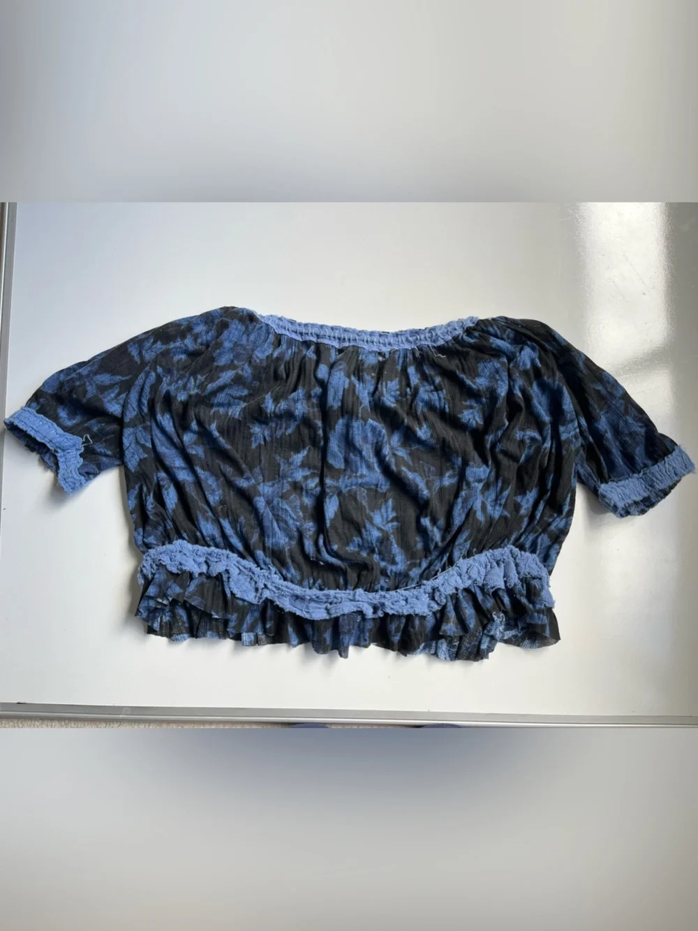 Free People perfect day Blue and Black Floral Smocked Crop Blouse
